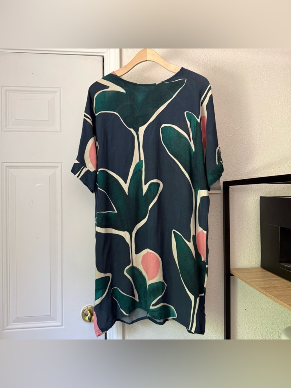 VARIETY HOUR Australia navy tropical botanical boat neck short sleeve mini dress